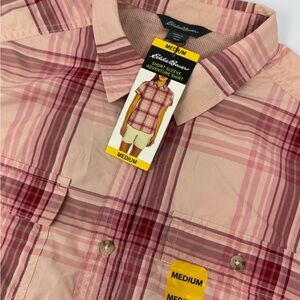 NWT Eddie Bauer Women’s Short Sleeve Adventure Shirt Peach Starling Plaid Med F8
